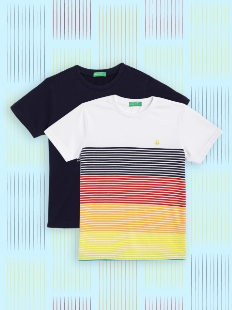 

United Colors of Benetton Boys Pack of 2 Round Neck Pure Cotton T-shirts, Navy blue