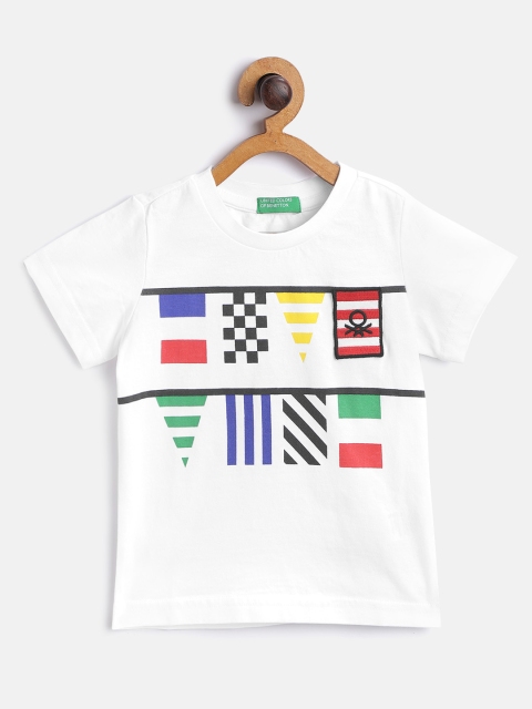 

United Colors of Benetton Boys White Black Printed Round Neck Pure Cotton T-shirt