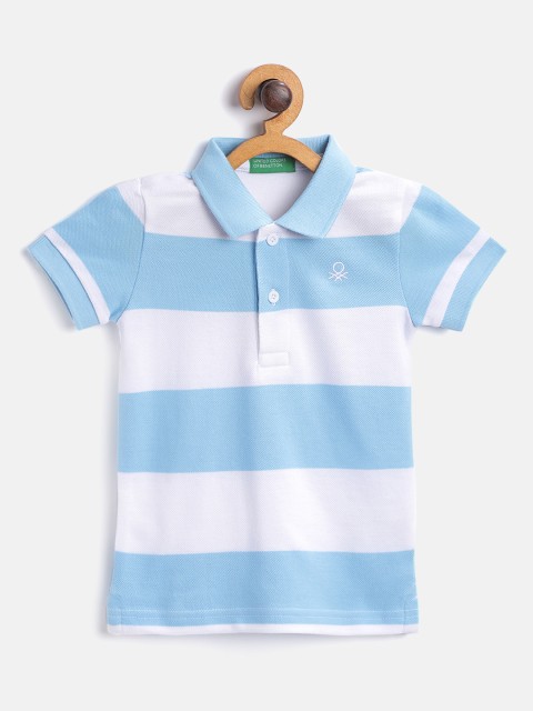 

United Colors of Benetton Boys Blue & White Pure Cotton Striped Polo Collar T-shirt