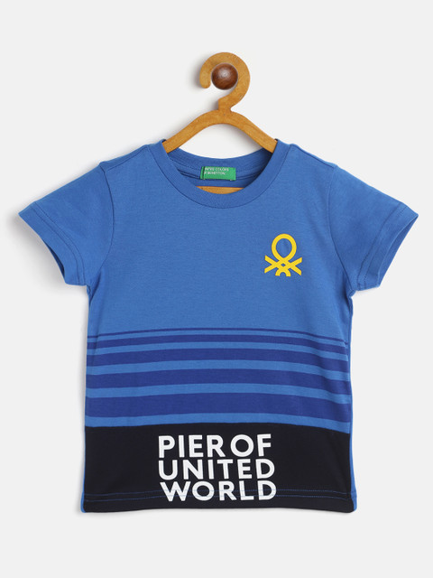 

United Colors of Benetton Boys Blue & Black Pure Cotton Striped Round Neck T-shirt