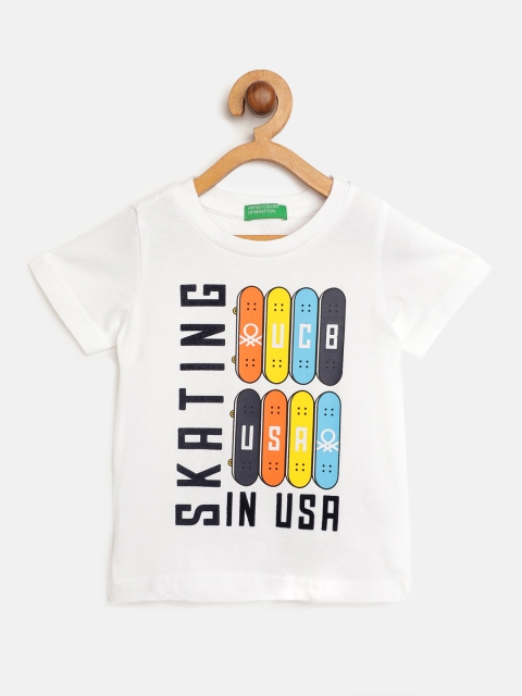 

United Colors of Benetton Boys White Navy Blue Skateboard Print Pure Cotton T-shirt