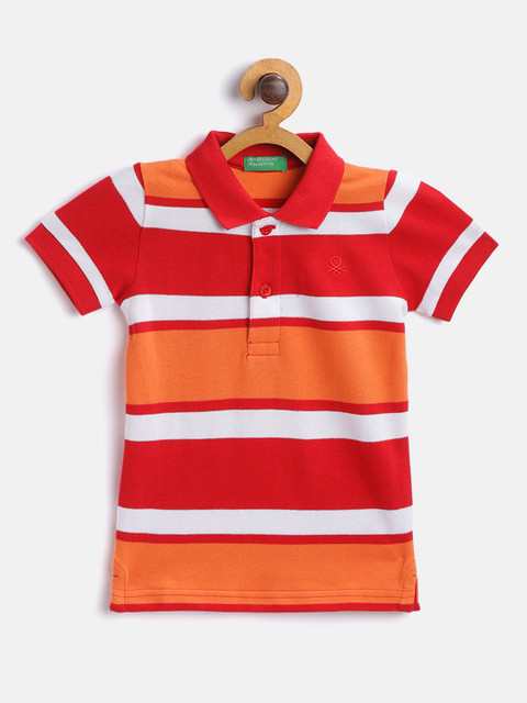 

United Colors of Benetton Boys Red Orange Pure Cotton Striped Polo Collar Pure Cotton T-shirt