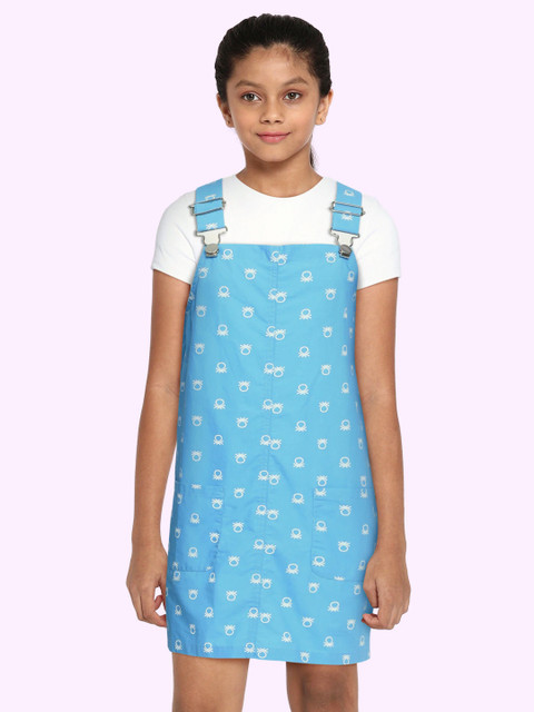 

United Colors of Benetton Girls Blue & White Brand Logo Print Cotton Pinafore Dress