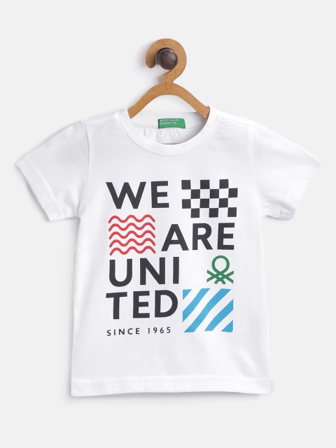 

United Colors of Benetton Boys White Black Pure Cotton Printed Round Neck Pure Cotton T-shirt