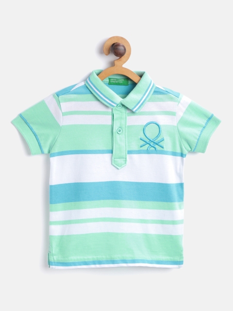 

United Colors of Benetton Boys Sea Green & White Striped Polo Collar T-shirt