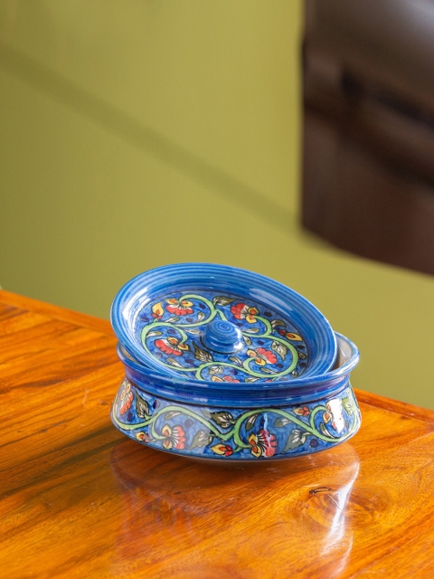 

ExclusiveLane Blue & Red Floral Hand-Painted Ceramic Serving Handi With Lid