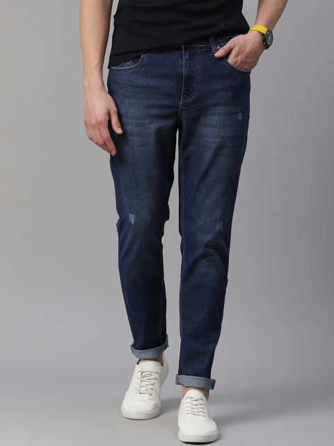 

Mast & Harbour Men Navy Carrot Fit Low Distress Light Fade Stretchable Jeans, Navy blue