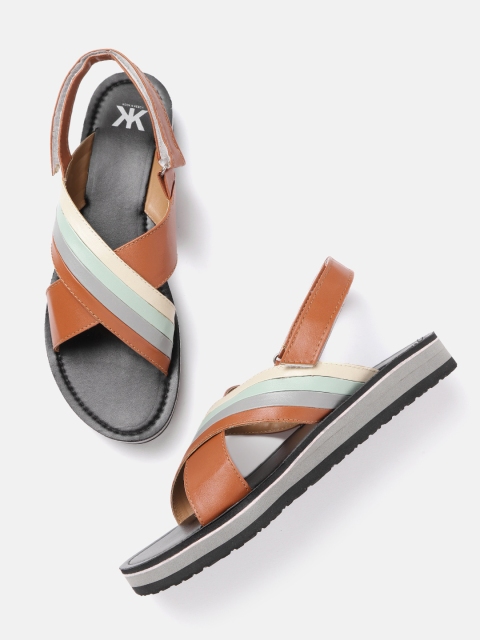 

Kook N Keech Women Tan Brown & Blue Striped Open Toe Flats