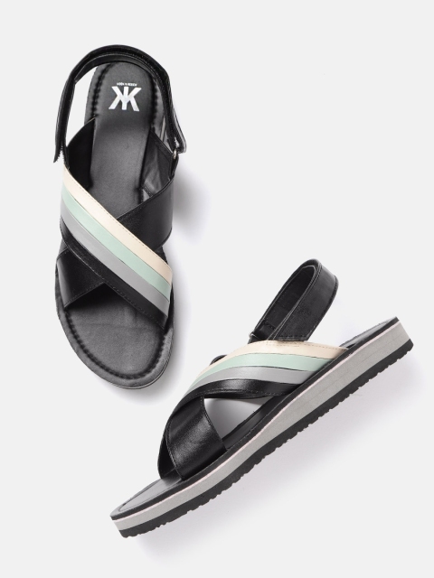 

Kook N Keech Women Black & Grey Striped Open Toe Flats