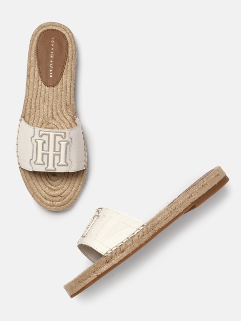 

Tommy Hilfiger Women Off-White & Beige Textured Leather Open Toe Flats