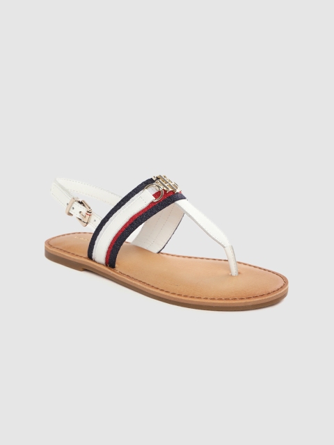 

Tommy Hilfiger Women White & Navy Blue Striped Leather T-Strap Flats