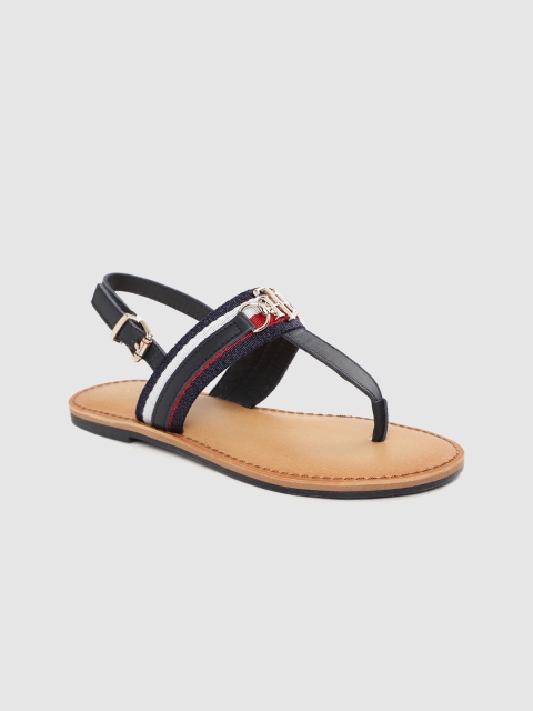 

Tommy Hilfiger Women Navy Blue & White Striped Leather T-Strap Flats
