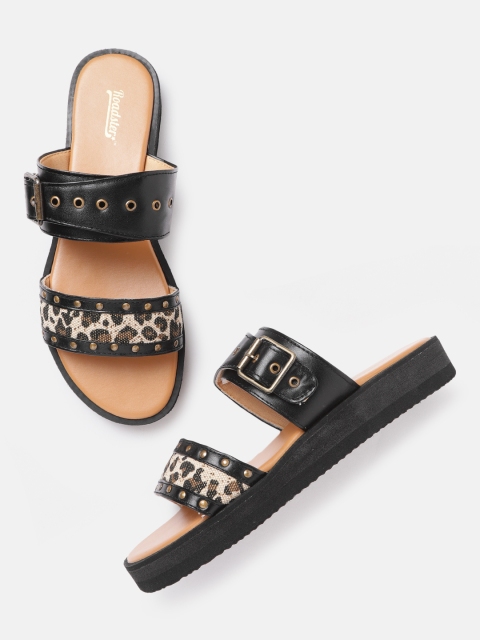 

Roadster Women Black & Beige Leopard Print Open Toe Flats with Buckles
