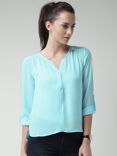 

Mast & Harbour Blue Semi-Sheer High Low Hem Polyester Top