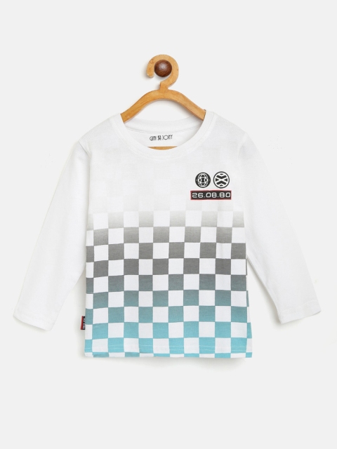 

Gini and Jony Boys White & Grey Checkered Cotton Round Neck T-shirt