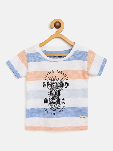 

Gini and Jony Infant Boys White & Orange Striped Cotton Round Neck T-shirt