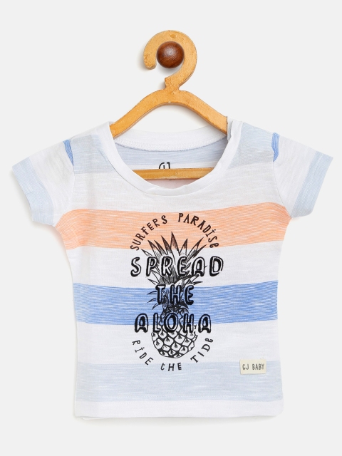

Gini and Jony Infant Boys White & Orange Striped Cotton Round Neck T-shirt