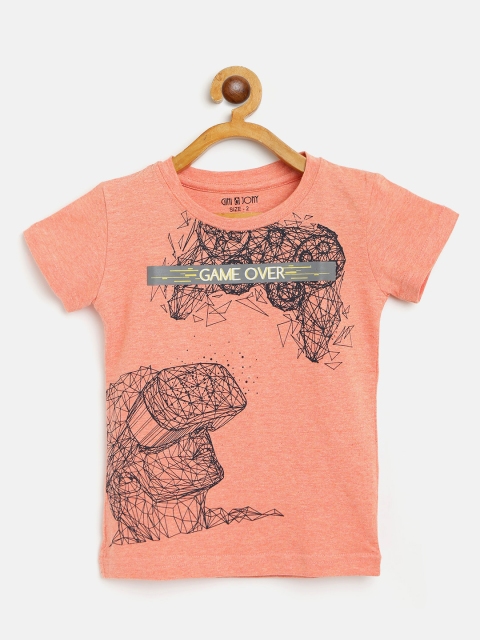 

Gini and Jony Boys Pink Melange & Black Graphic Print Pure Cotton Round Neck T-shirt