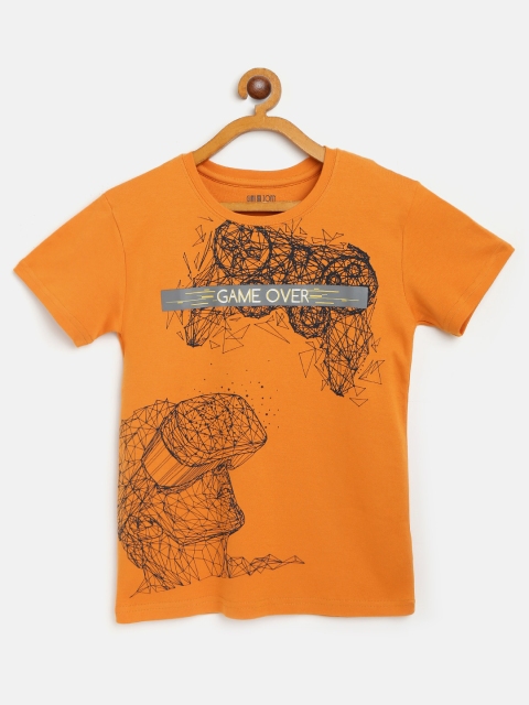 

Gini and Jony Boys Orange & Back Graphic Print Pure Cotton Round Neck T-shirt