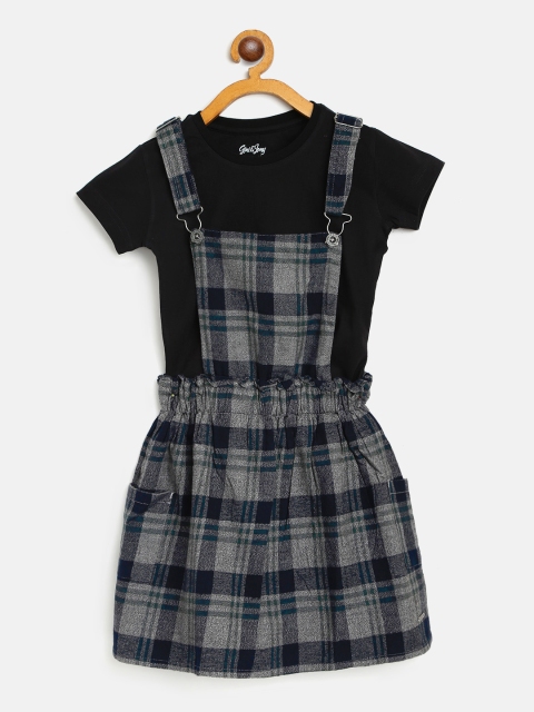 

Gini and Jony Girls Grey & Navy Blue Checked Pinafore Dress with Solid T-shirt