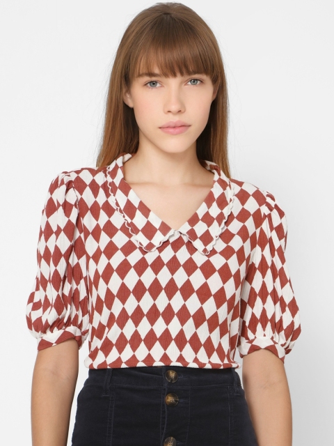 

ONLY White & Brown Printed Peter Pan Collar Puff Sleeves Regular Top