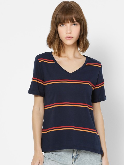 

ONLY Women Blue Red Striped V-Neck Pure Cotton T-shirt