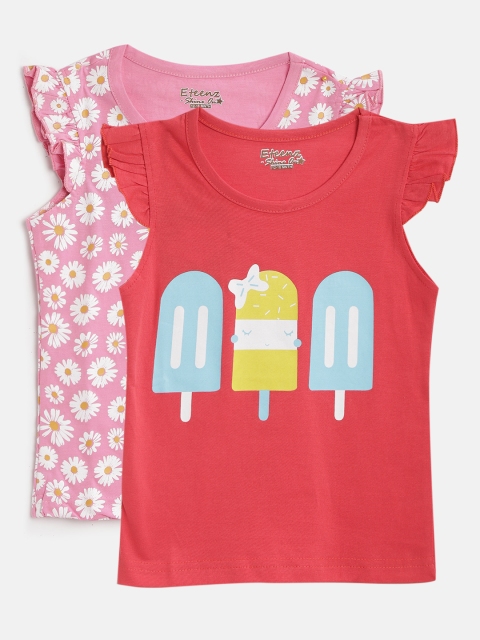 

Eteenz Infant Girls Pack of 2 Printed Pure Cotton Regular Tops, Red