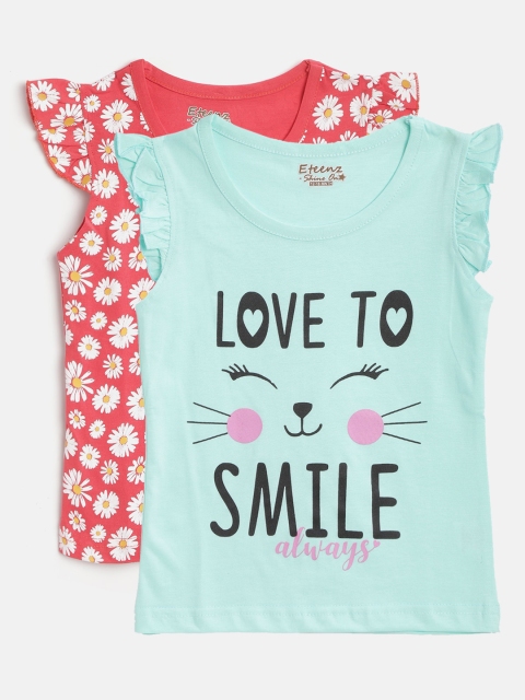 

Eteenz Infant Girls Pack of 2 Printed Pure Cotton Regular Tops, Blue
