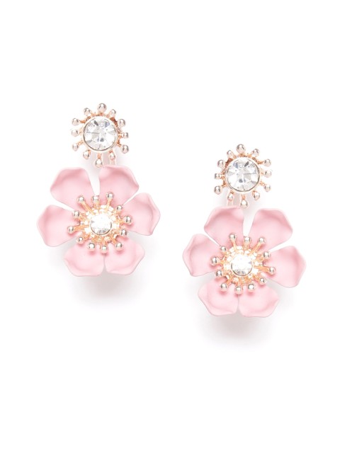 

Forever New Pink Gold-Plated Artificial Stone Studded Floral Jacket Drop Earrings
