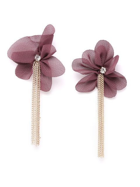 

Forever New Burgundy & Gold-Toned Crystal Studded Floral Taselled Drop Earrings