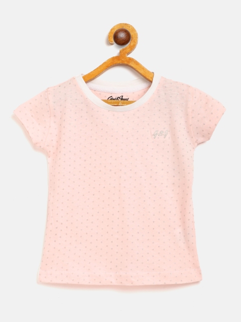 

Gini and Jony Girls Peach-Coloured & Silver Pure Cotton Ditsy Printed Round Neck T-shirt