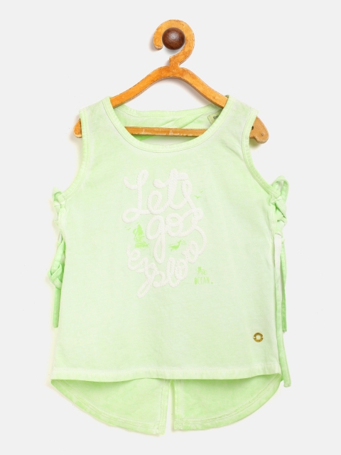 

Gini and Jony Girls Lime Green & White Typography Printed Pure Cotton Styled Back Top