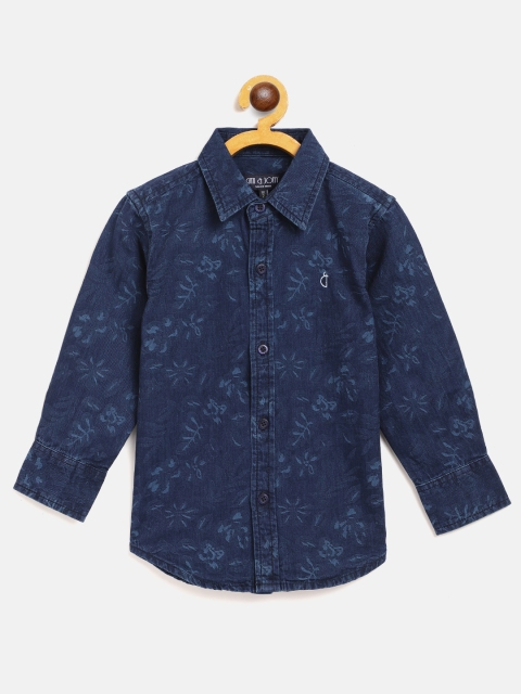 

Gini and Jony Boys Navy Blue Self Floral Design Denim Cotton Shirt