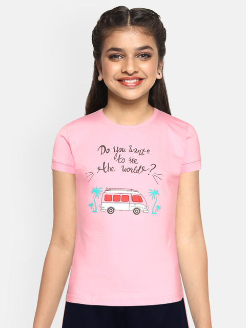 

Gini and Jony Girls Pink & Black typography & Bus Print Pure Cotton Round Neck T-shirt