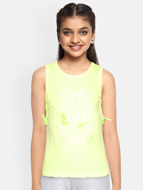

Gini and Jony Lime Green & White Typography Print Pure Cotton Styled Back Top with Tie-ups
