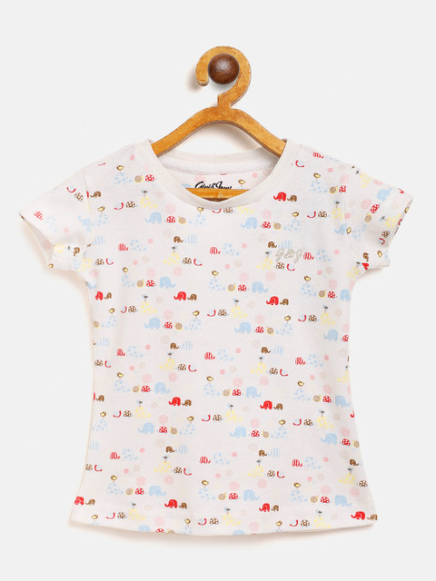 

Gini and Jony Girls White Red Elephant Print Round Neck Pure Cotton T-shirt