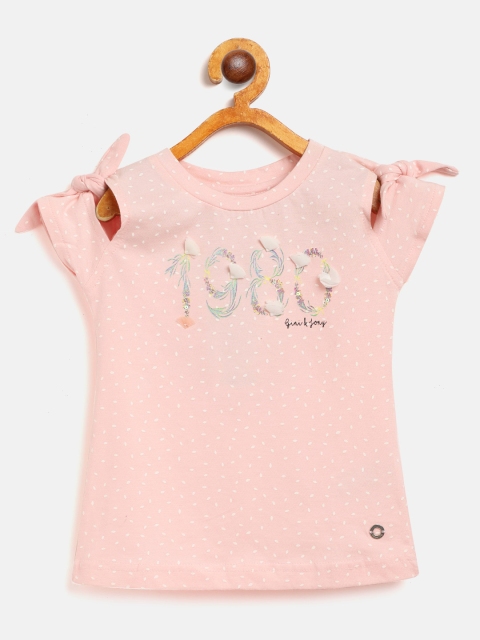 

Gini and Jony Pink & White Micro & Typography Print Pure Cotton Regular Top with Tie-Ups