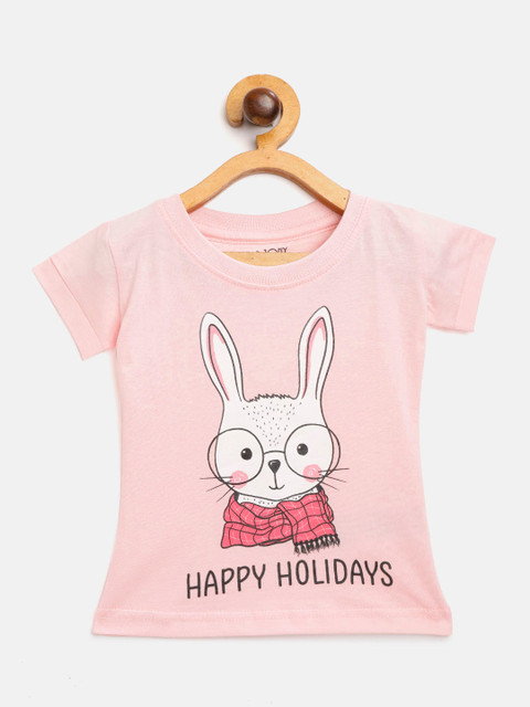 

Gini and Jony Girls Pink & White Bunny Printed Round Neck Pure Cotton T-shirt