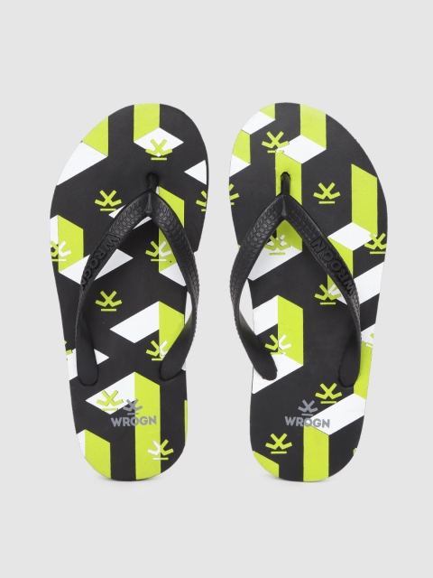 

WROGN Men Black & Fluorescent Green Geometric & Brand Logo Print Thong Flip-Flops
