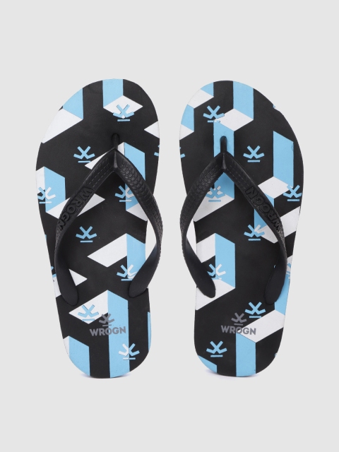 

WROGN Men Black & Blue Geometric & Brand Logo Print Thong Flip-Flops