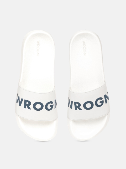 

WROGN Men White & Navy Blue Brand Logo Printed Sliders