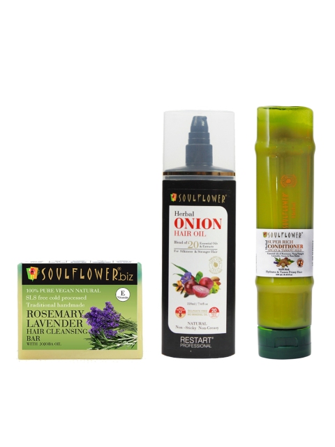 

Soulflower Unisex Set of 3 Sustainable Cleansing Bar, Hair Oil & Hair Conditioner, White