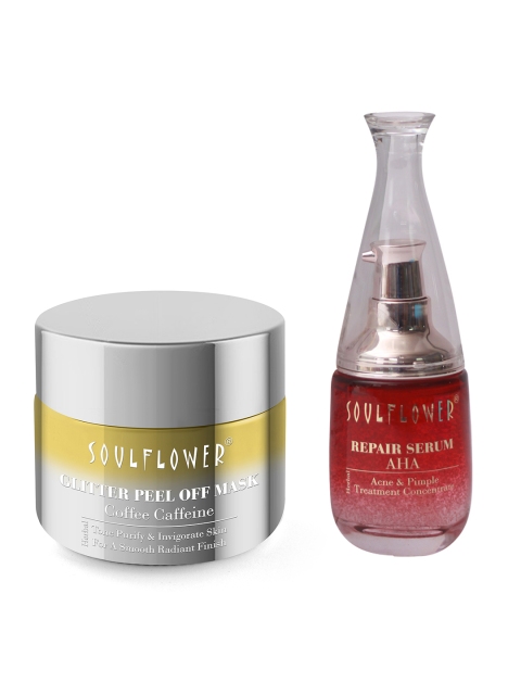 

Soulflower Unisex Set of 2 Sustainable AHA 30% Repair Serum & Glitter Peel Off Mask, Gold