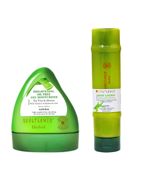 

Soulflower Set of 2 Sustainable Aloe Vera Body Lotion & Brightening Oil-free Gel Moisturizer, Green