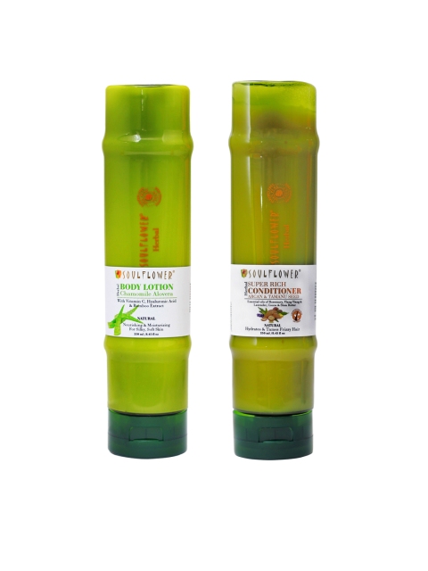 

Soulflower Unisex Set of 2 Sustainable Chamomile Aloe Vera Body Lotion & Argan Tamanu Seed Hair Conditioner 250ml each, Off white