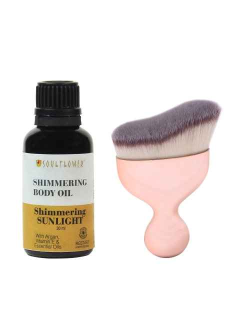 

Soulflower Set of 2 Sustainable Sunlight Shimmering Body Oil & Contour Brush, Rose