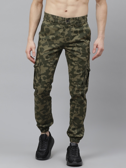 

Roadster Men Olive Green & Beige Regular Fit Printed Cargos