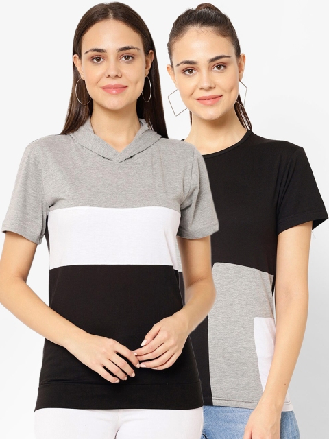 

VIMAL JONNEY Women Pack Of 2 Colourblocked Hood T-shirt, Grey melange