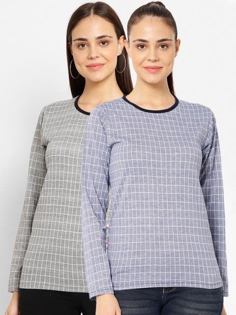 

VIMAL JONNEY Women Pack Of 2 Checked Round Neck T-shirts, Blue