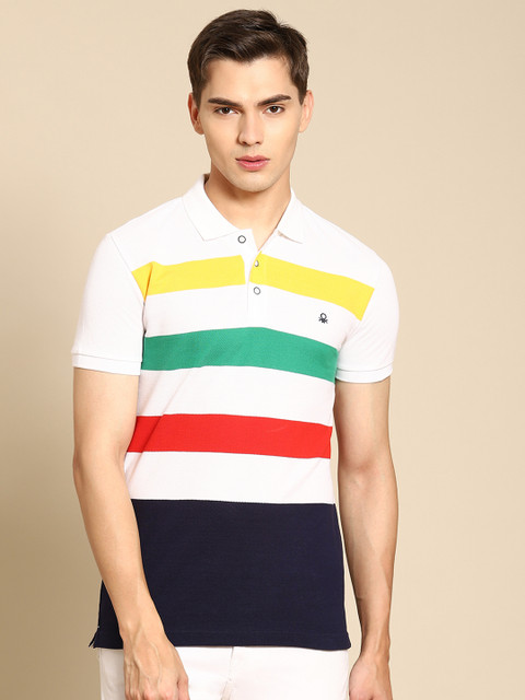 

United Colors of Benetton Men White & Yellow Striped Pure Cotton Polo Collar T-shirt
